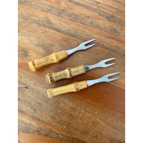 10 Vintage Bamboo Handle Stainless Steel Cocktail Appetizer Forks - Picture 5 of 5